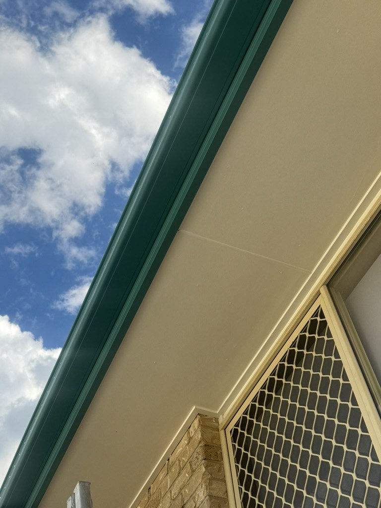 Close detail of painted eaves and green fascia